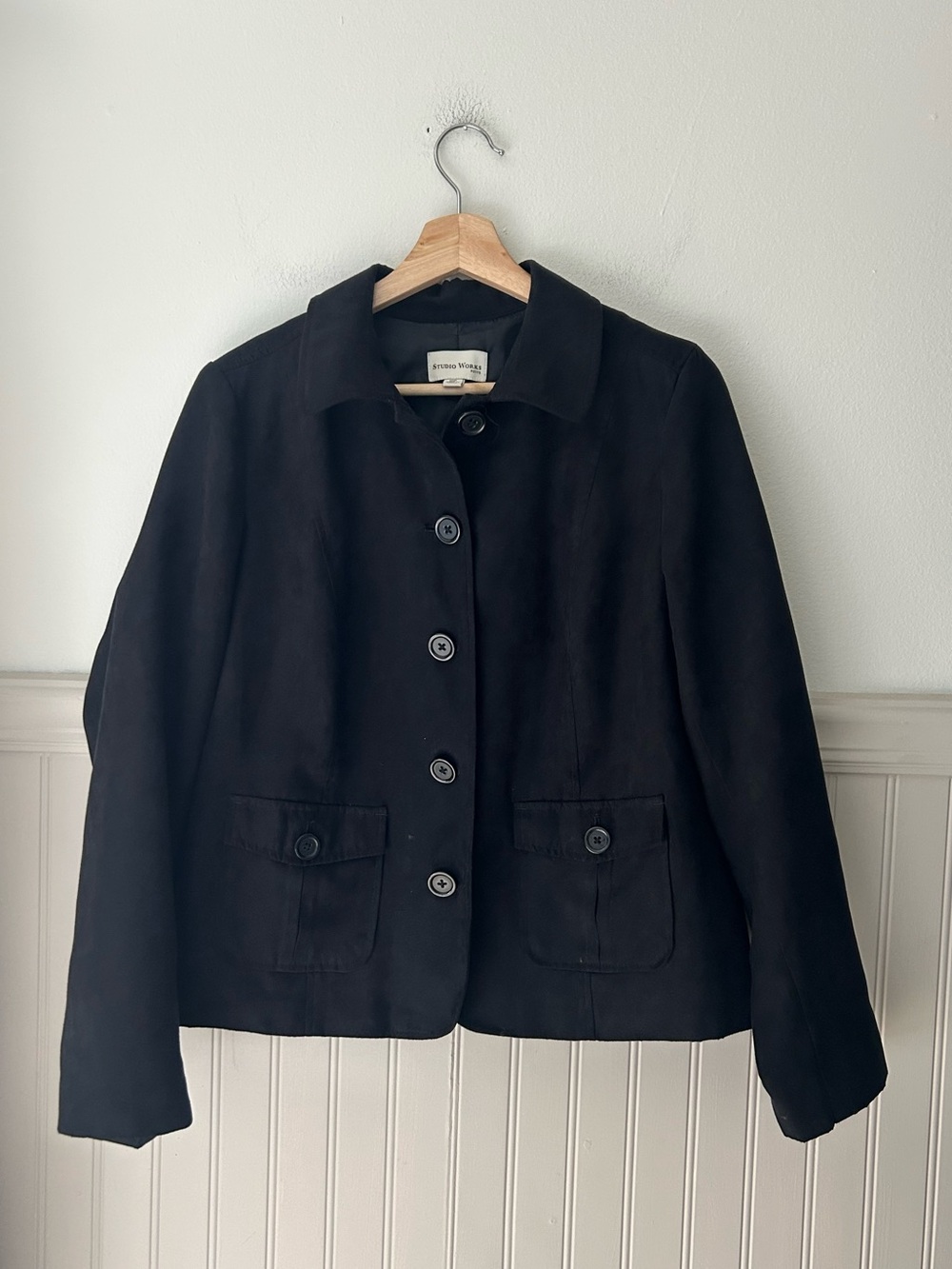 Vintage 90s Studio Works 10 Petite Black Faux Suede Button Front Blazer Jacket
